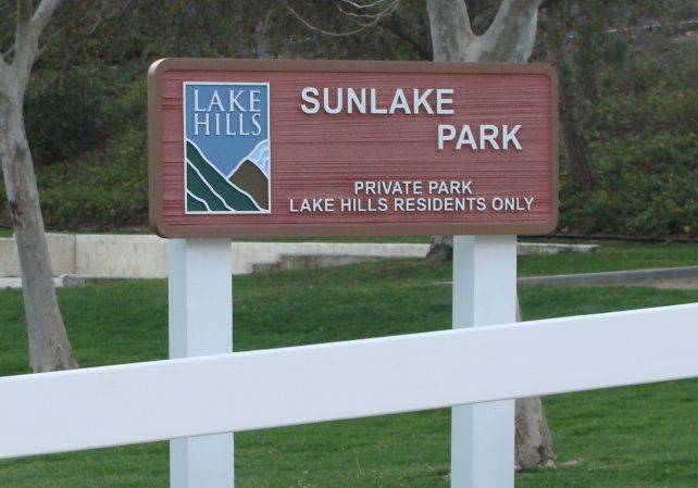 GA16453 - Fenced, Post-Mounted, Carved Redwood, HDU Sign for Park for Private Residential Community   