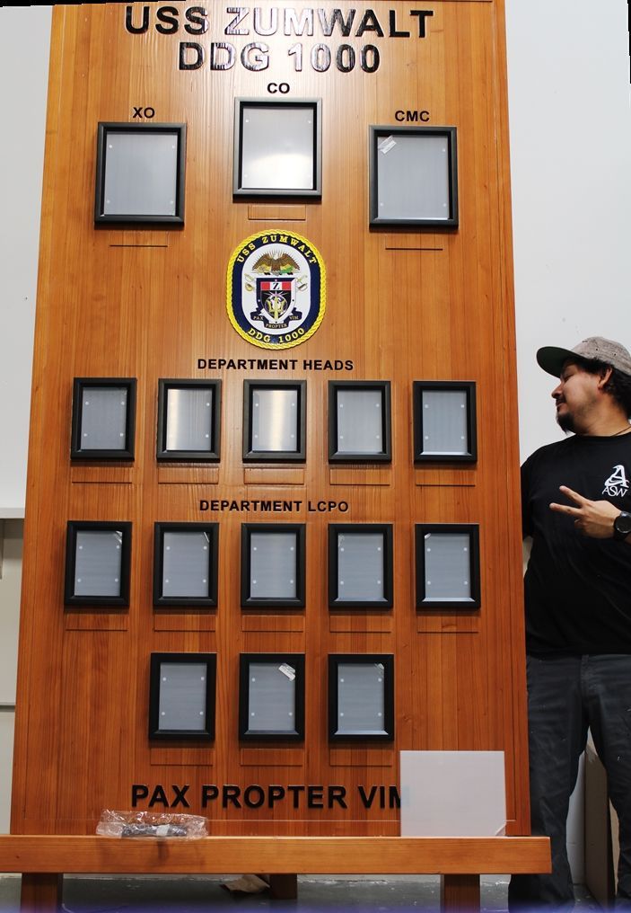 SA1110  - Large Chain-of-Command  Photo Board for the Destroyer USS Zumwalt , Shown Mounted on Display Easel