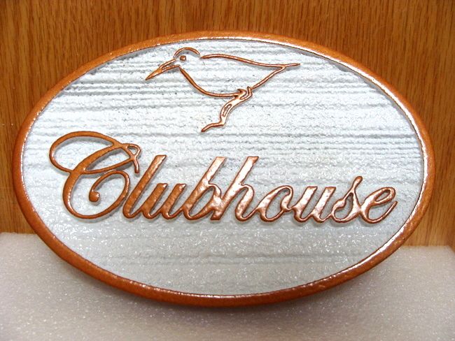 KA20610 Carved Wood AND HDU Clubhouse Sign with Carved Outline Silhouette of Seabird