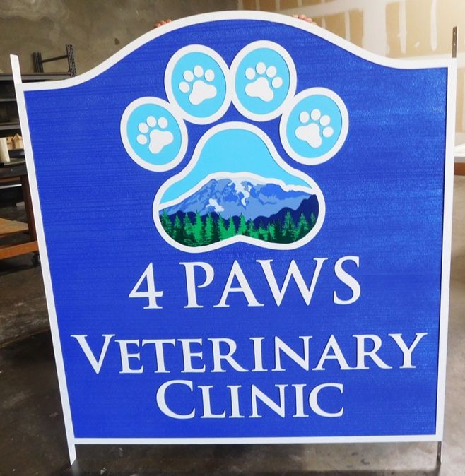 BA11732 - Carved and Sandblasted  Entrance sign for the 4 Paws Veterinary Clinic, with Dog  Paw Prints and a Scene of a Mountain as Artwork.