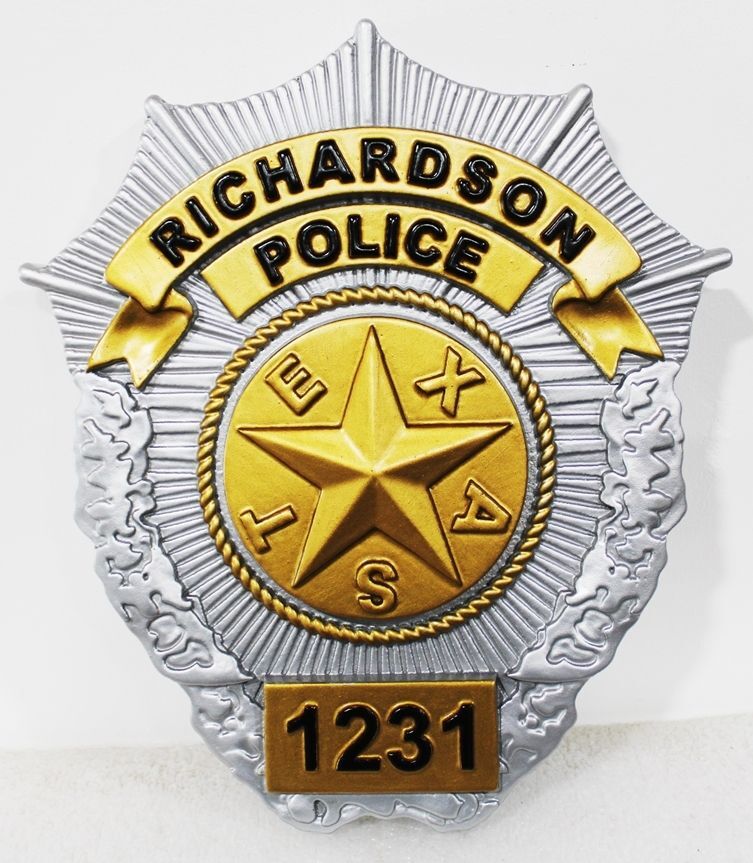 PP-1426 - Carved 3-D Bas-Relief High-Density-Urethane Plaque of a Badge of  a Police Officer of the City of Richardson, Texas 