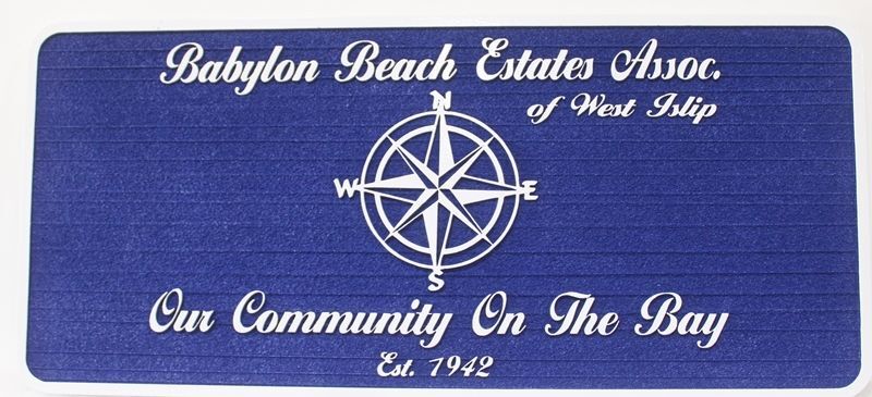 L21750A - Carved and Sandblasted  sign for the  Babylon Beach Estates Association  featuring a Compass Rose