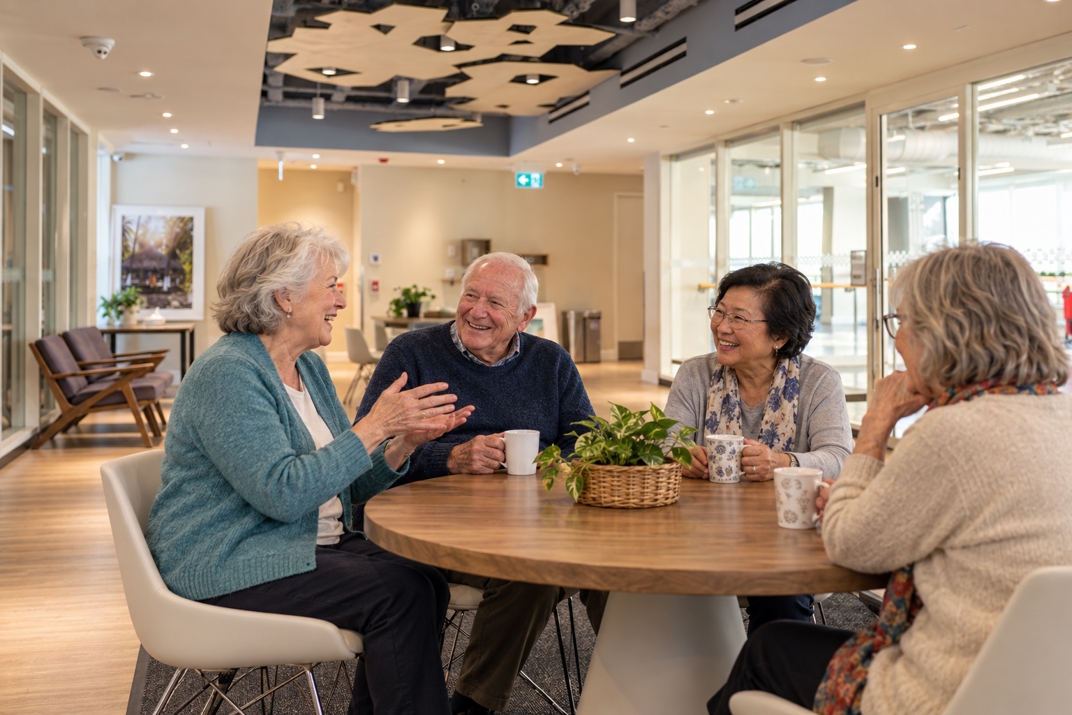 Illustration of older adults sharing tea and conversation in a Beaches Sandbox studio.