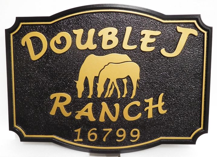 Q24228 - Carved and Sandblasted 2.5-D Sign for the " Double J Ranch", with a Mare and Colt Grazing as Artwork 