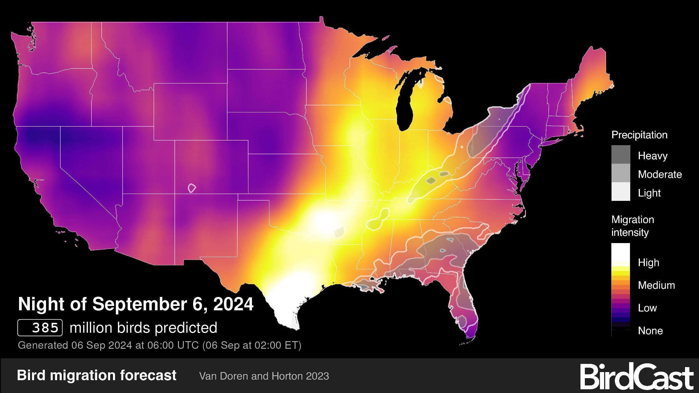 BirdCast migration forecast map for September 6, 2024.