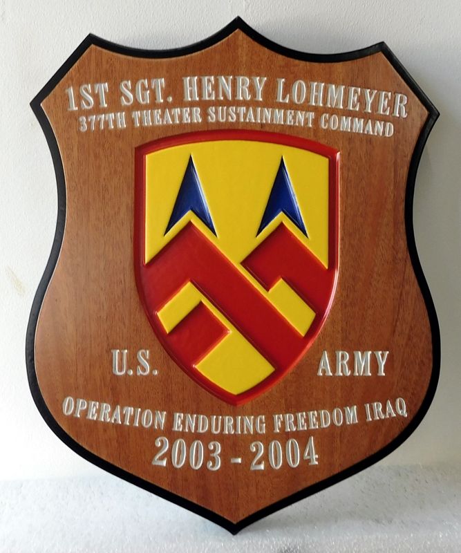 MP-3380 - Engraved  Deployment Shield Plaque, "Operation Enduring Freedom - IRAQ" ,  US Army, Personalized,  Mahogany Wood 