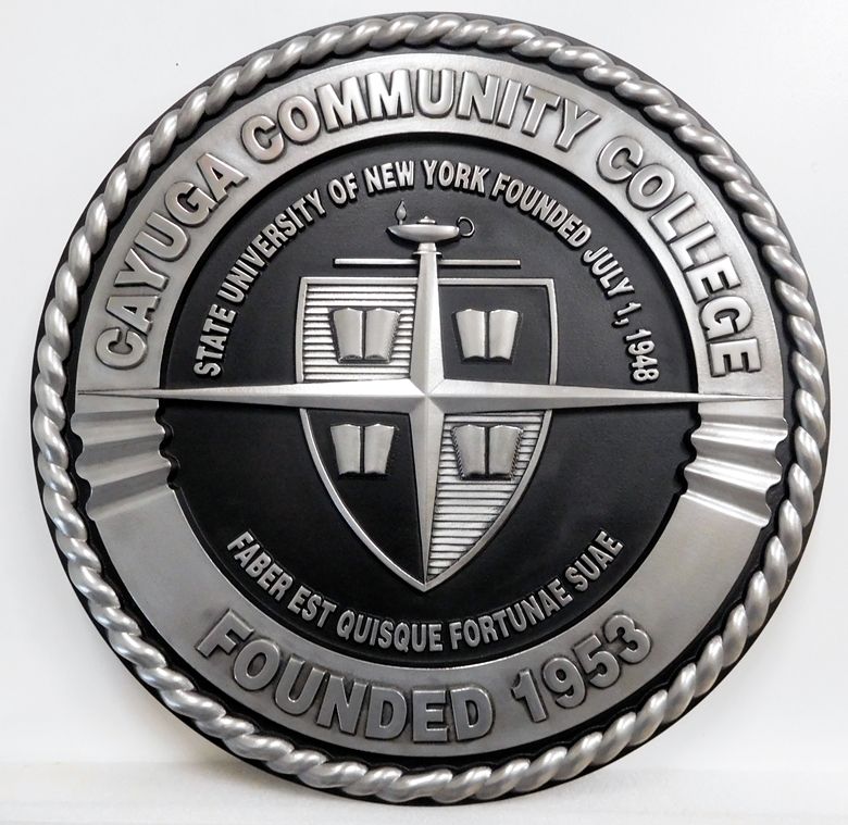 Y34327 - Carved 3-D Round Wall Plaque of the Seal of the Cayuga Community College, Aluminum-Coated