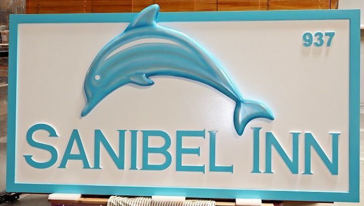 T29057 - Carved HDU Address Number Entrance Sign for "Sanibel Inn" with Leaping Dolphin