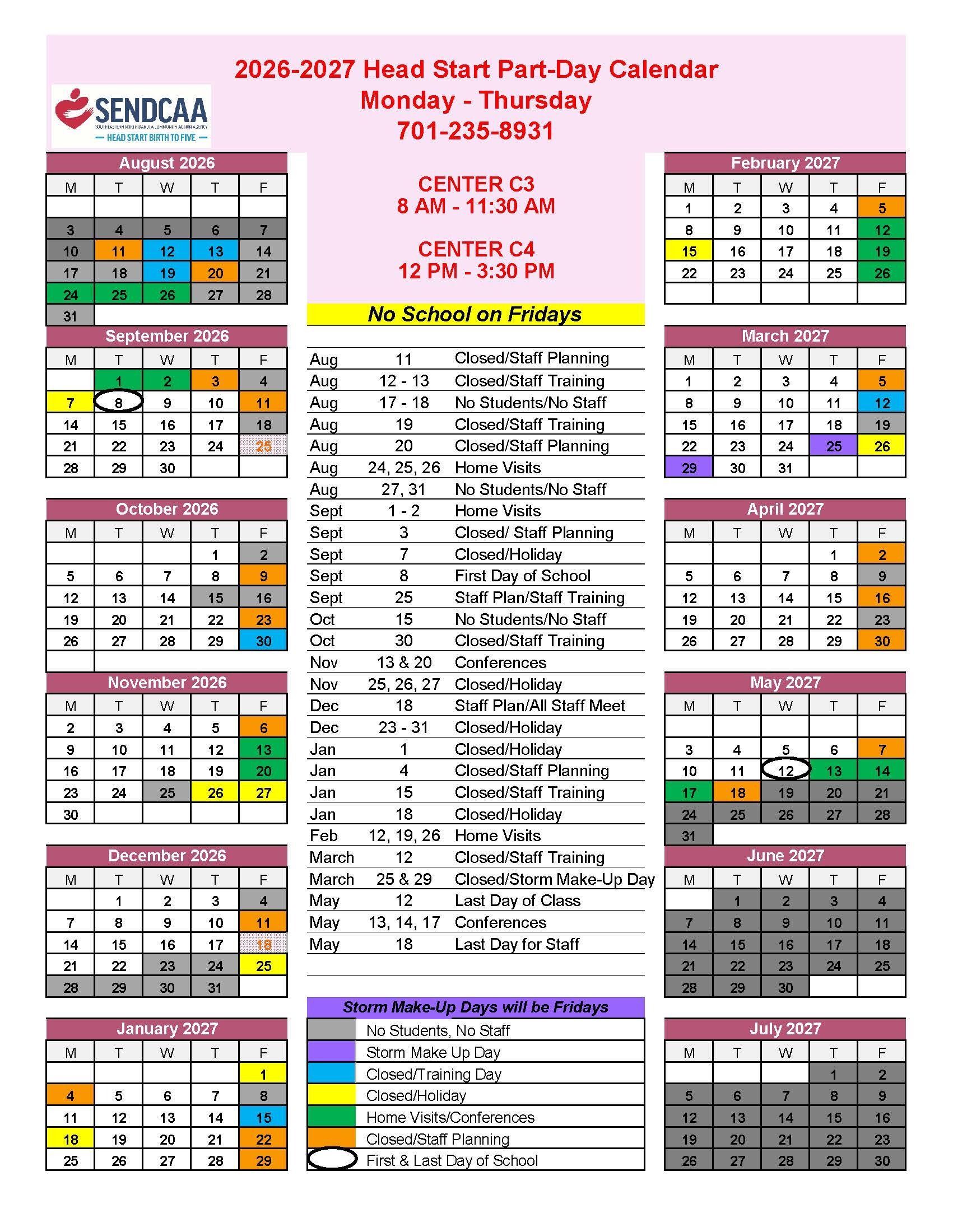 2026-2027 Part Day Calendar
