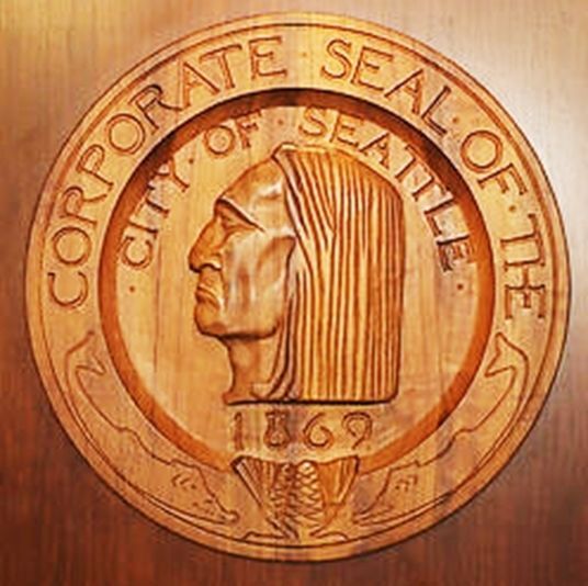 ZP-1184  - Carved 3-D Cedar Plaque of the Seal of the City of Seattle, featuring the Profile of Chief Seattle as Artwork