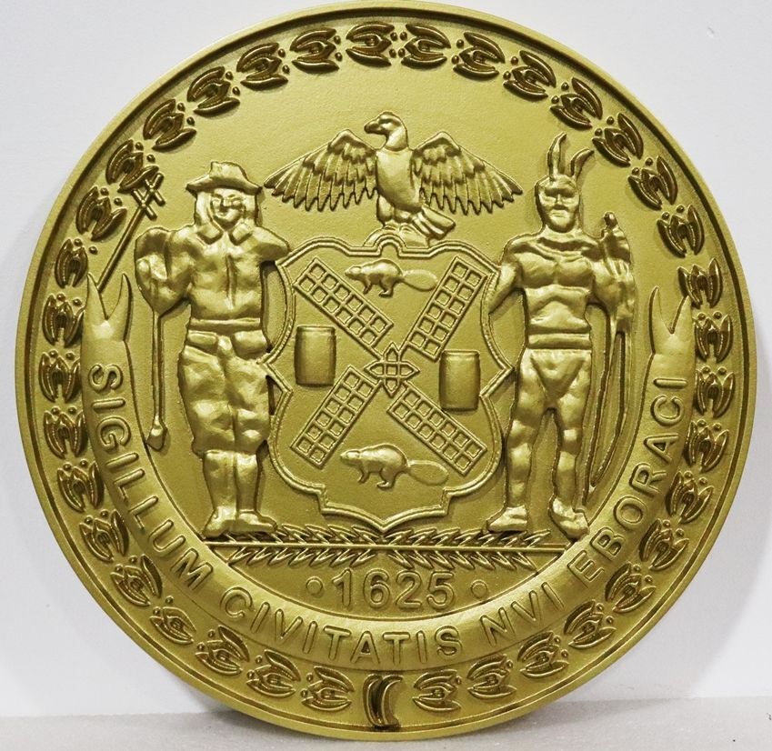 DP-1762 - Carved 3-D Bas-Relief Metallic Gold Painted  Plaque of the Seal of New York City