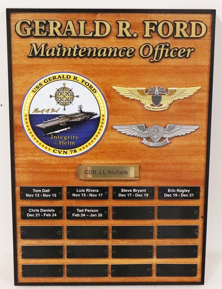 JP-1351 - Carved Cedar Board for Current and Former Maintenance Officers for the USS Gerald R Ford Aircraft Carrier, CVN 78