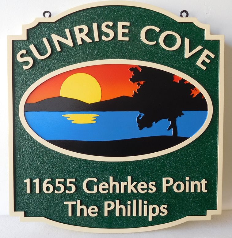L21211 - Carved and Sandblasted 2.5-D HDU Coastal Residence  Residence Address  Sign "Sunrise Cove" featuring a Sunrise over the Mountains, a Cove, and a Tree in Silhouette