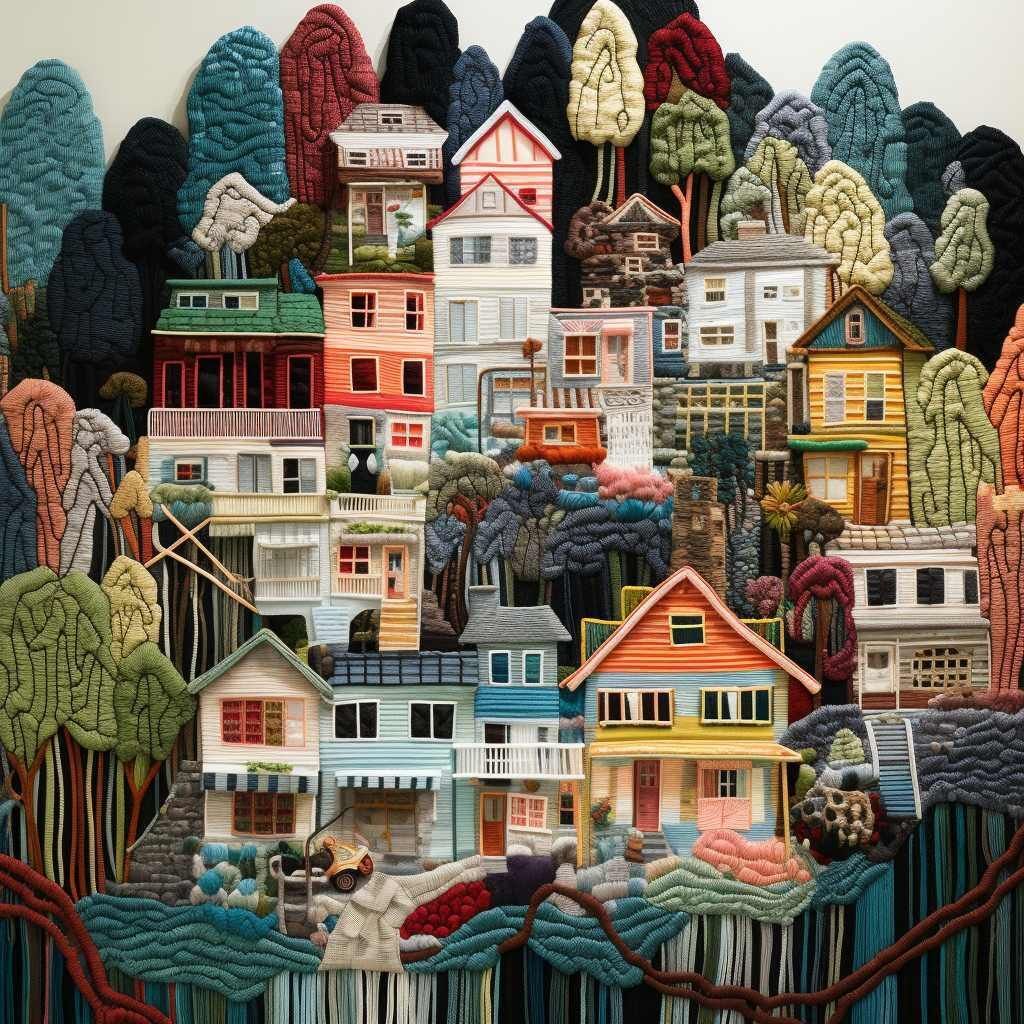 An image depicting a community of houses woven out of thread