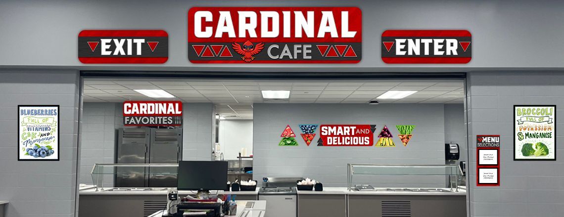 3 pictures of custom signs in school café, main line signs, food art, school lunch posters
