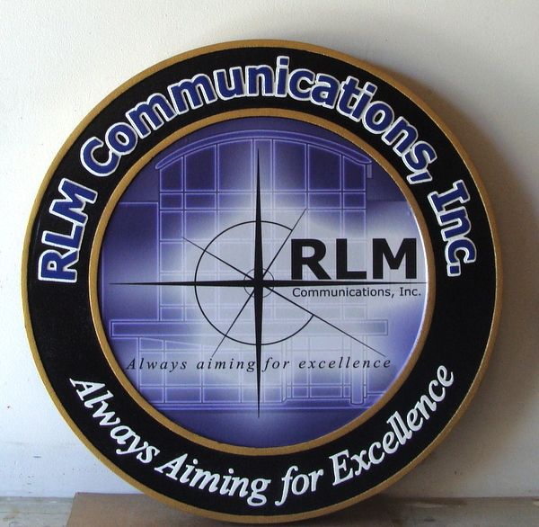 SA28770 -  Carved HDU Sign for "RLM Communications, Inc." with Logo and Motto "Always Searching for Excellence"