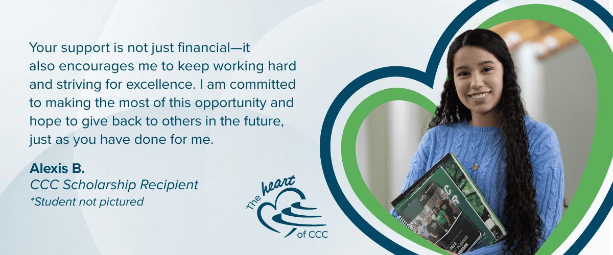 Scholarship thank you note from student with image of student in heart graphic.
