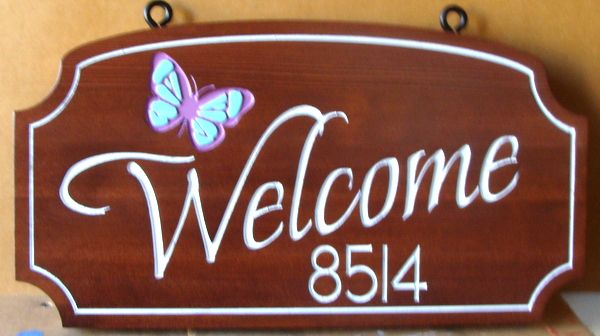 AG100 - Welcome Engraved Address Sign With Butterfly