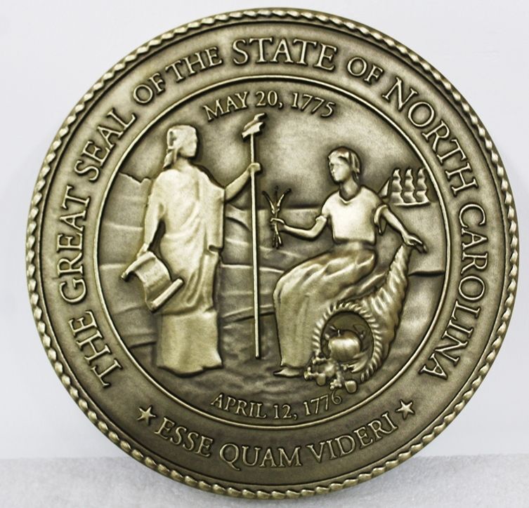 BP-1406 - Carved 3-D bas-Relief Brass=Plated HDU Plaque of the Seal of the State of North Carolina