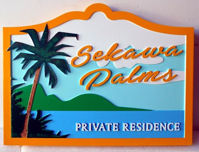 L21107 - Carved  Coastal Residence Sign "Sekawa Palms",  featuring a Palm Tree, Ocean and Mountain  Scene