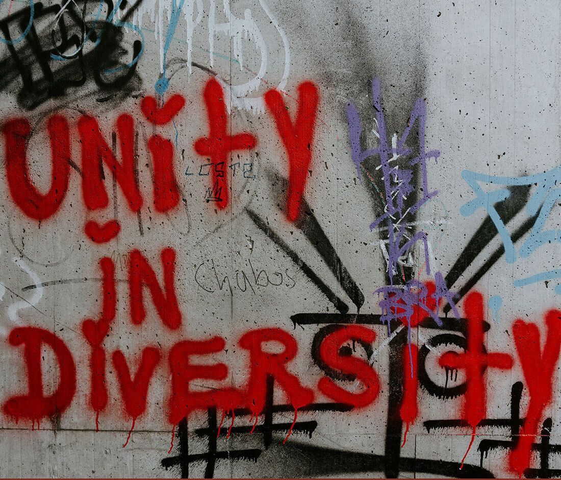 Graffiti on a concrete wall says "UNITY IN DIVERSITY" in red letters, with additional colorful graffiti elements.