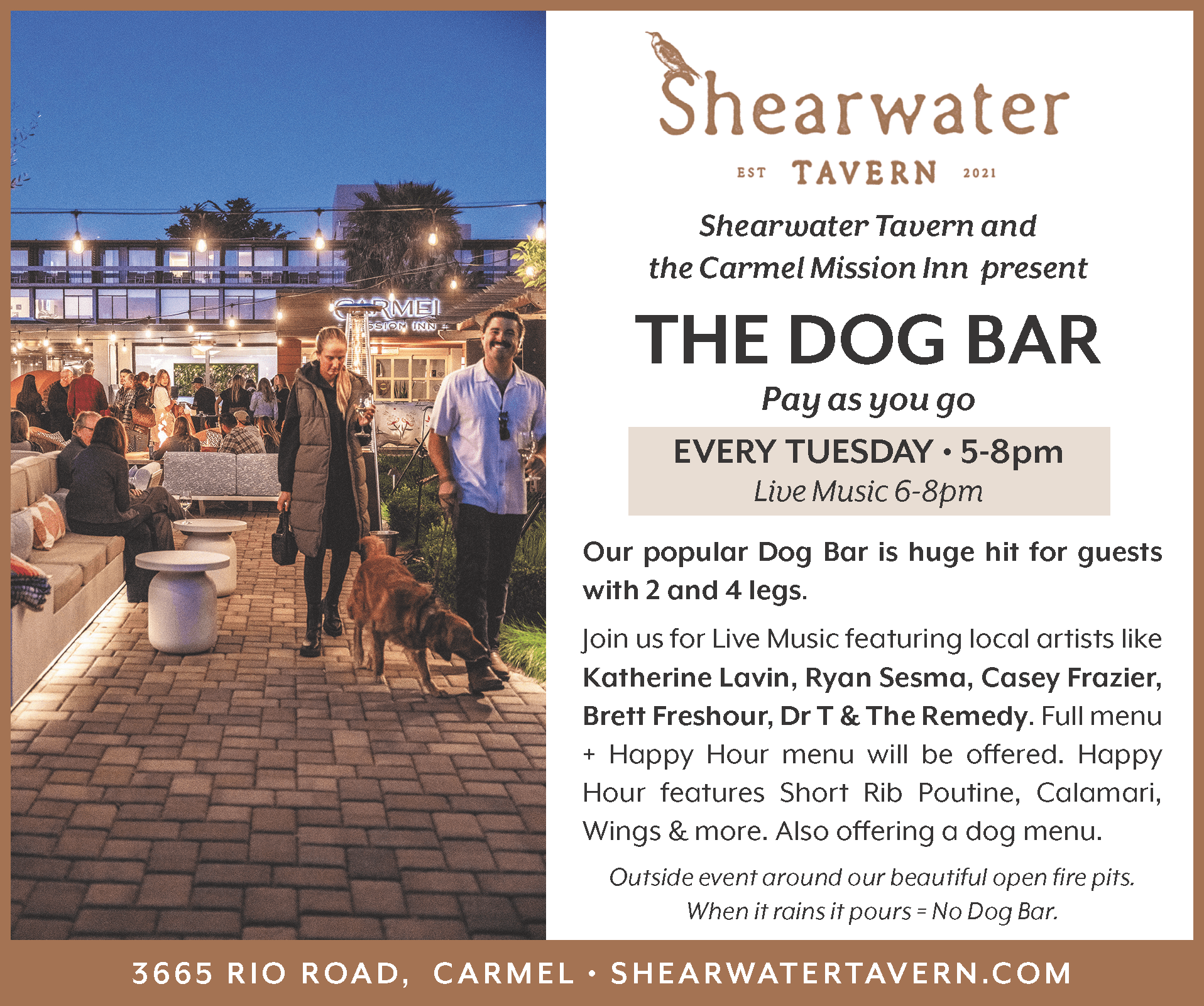 Beautiful Carmel patio with people and dogs enjoying food drinks and live music.