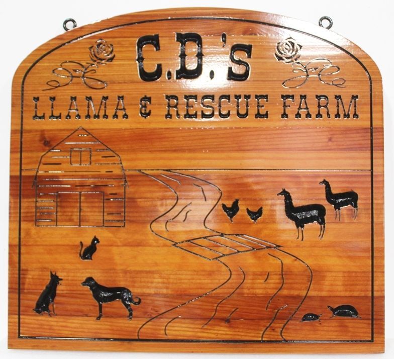 O24927 - Engraved Redwood Entrance Sign for  "C.D.'s Llama  and Rescue Farm", with Farm Scene as Artwork