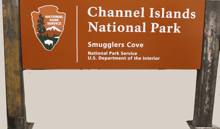 M8070- Large Single-faced Aluminum  Sign  with Corten Steel Posts for  Channel Islands National Park, Smugglers Cove