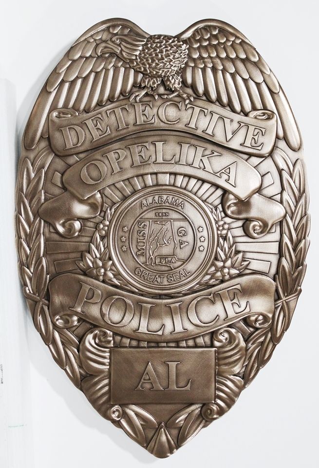 PP-1421  - Carved 3-D Bas-Relief Aluminum-Plated Plaque of the Badge of a Detective of the Police Department of Opelika, Alabama 