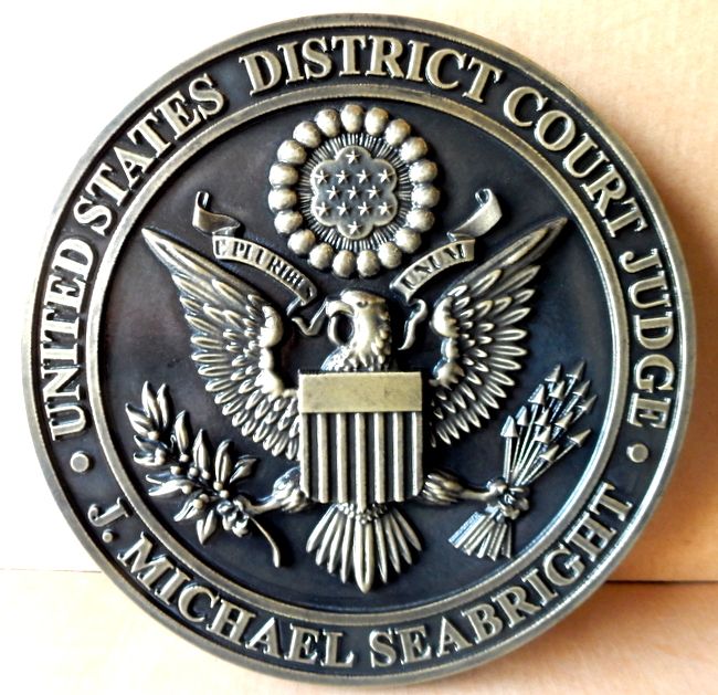 FP-1200 - Carved Plaque of the Seal  of a US District Court Judge, 3-D  Nickel-Silver Plated  