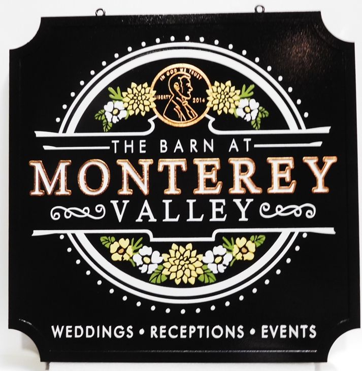 Q25012 - Elegant  Carved Entrance Sign for the "The Barn at Monterey Valley" with Raised  Flower-themed  Logo 