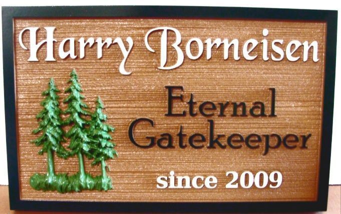 M1941 - Sandblasted  Faux Wood HDU  Memorial Sign for a Harry Borneisen , with a  Grove of Fir Trees as 3D Artwork 