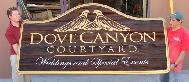 M5124 - Carved Cedar Wood Sign for "Dove Canyon Courtyard Weddings and Special Events" with 2 Carved Doves