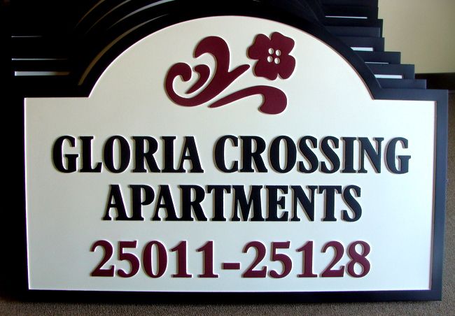 K20131 - Carved Address Sign for Gloeia Crossing Apartments, with Stylized Flower 