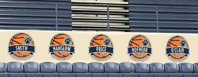 School gym with 5 roster signs for basketball, custom signs for high schools