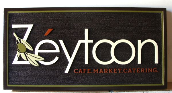 Q25634 - Attractive Carved, Wood Look HDU Cafe, Market, Catering Sign with Carved Olive Branch 