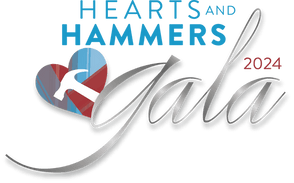 Hearts & Hammers Gala Logo Image, blue text with gala in metallic silver cursive font