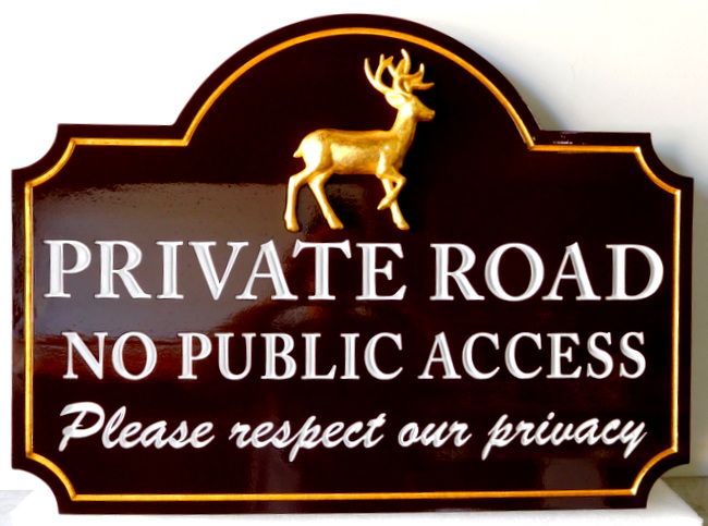 H17124 - Engraved HDU Private Road / No Public Access Sign, with Carved 3-D Gold-Leaf Gilded Buck Deer as Artwork 