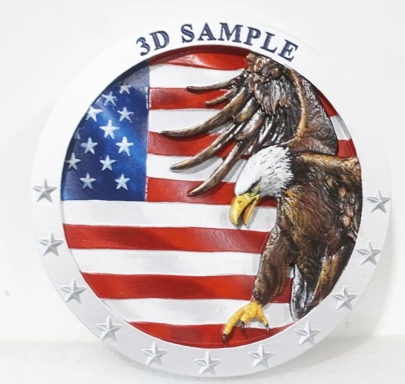 M2037 - Carved Wall Plaque featuring US Symbols of a Bald Eagle and  US Flag 