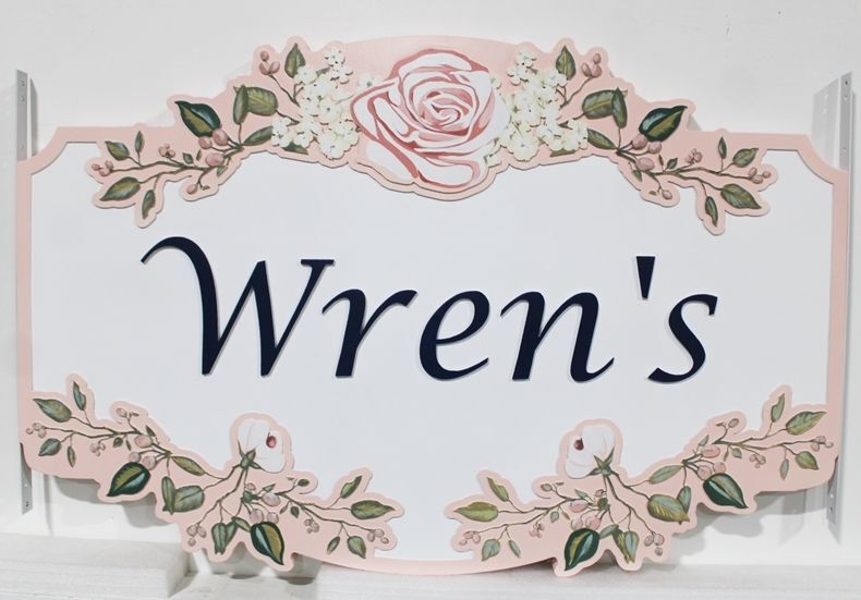 I18212A  - Carved HDU Property Name  Sign for the "Wren's" Residence, with Rose Flowers with Stems and Leaves as Artwork 