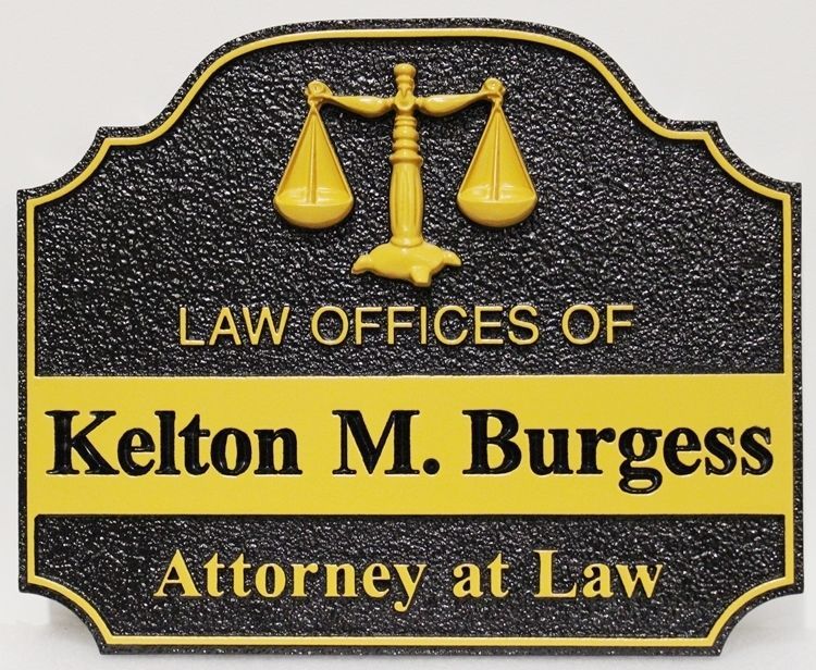 A10513 - Carved and Sandblasted sign for  Kelton M Burgess, Attorney at Law,  with Carved 3-D Scales of Justice as Artwork