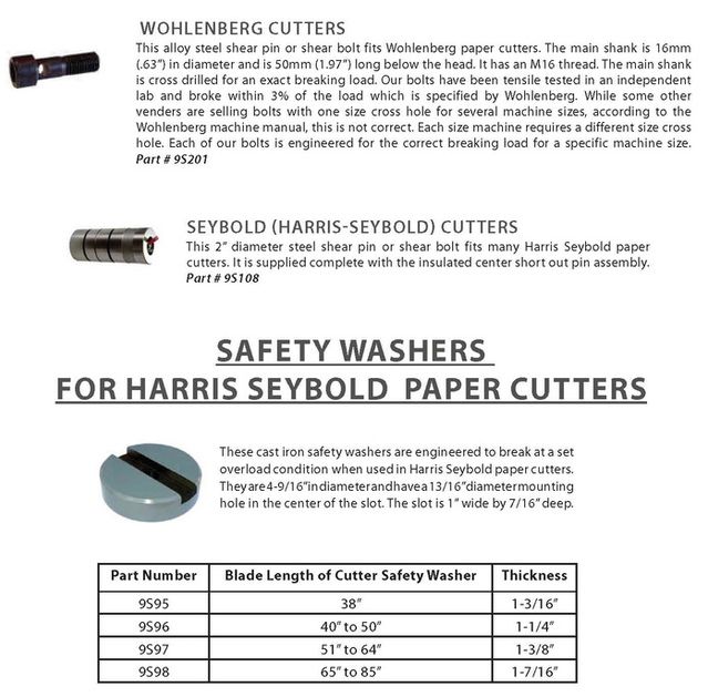 Wohlenberg, Seybold, Harris Seybold shear pins and shear bolts, Safety Washers for Harris Seybold