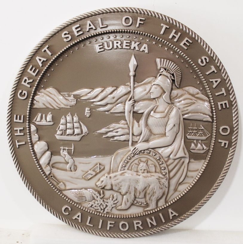 BP-1067 - Carved Plaque of the Seal of the State of California, Artist Painted in Dark Ivory and Medium Bronze