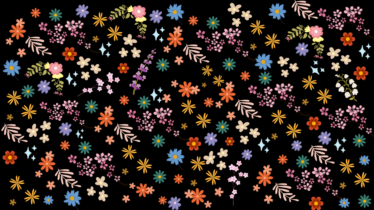 Black background with white floral imagery