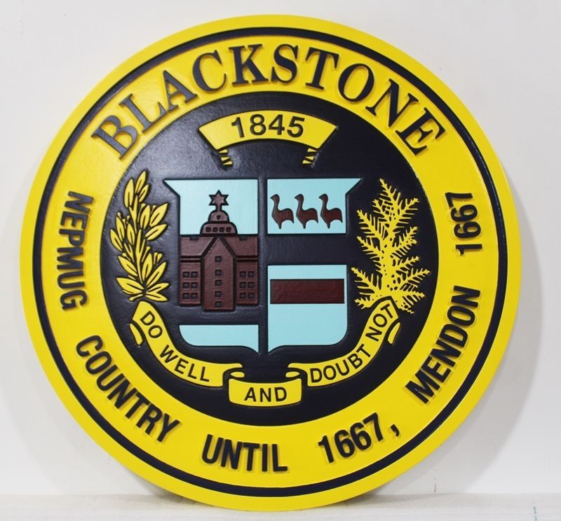 CP-1067 - Carved 2.5-D Bas-Relief Artist-Painted Plaque of the Seal of  Blackstone  County, Massachusetts