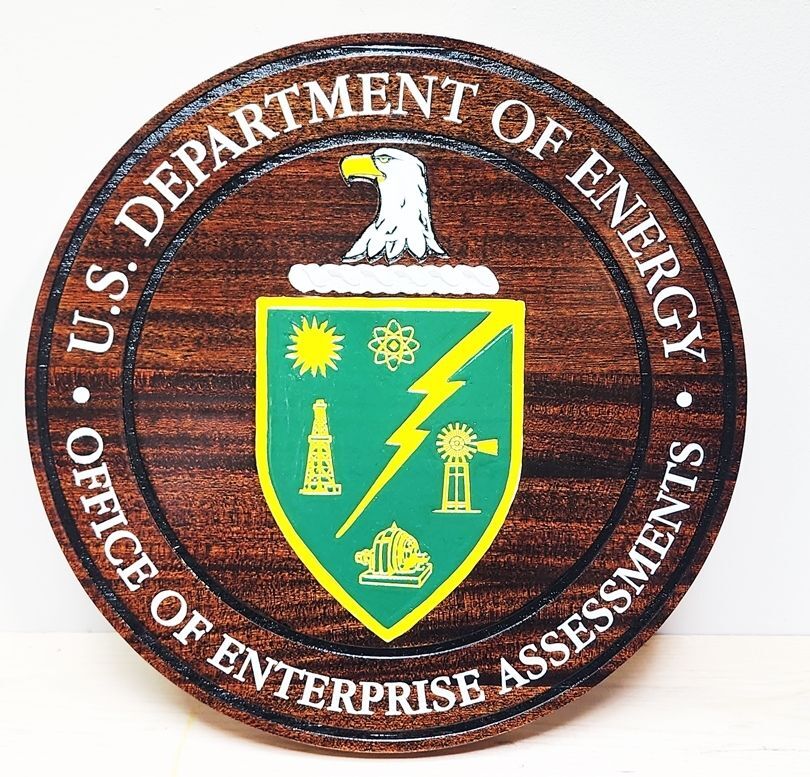 AP-6105- Carved 2.5-D Multi-level Mahogany  Plaque of the Seal of the US Department of Energy