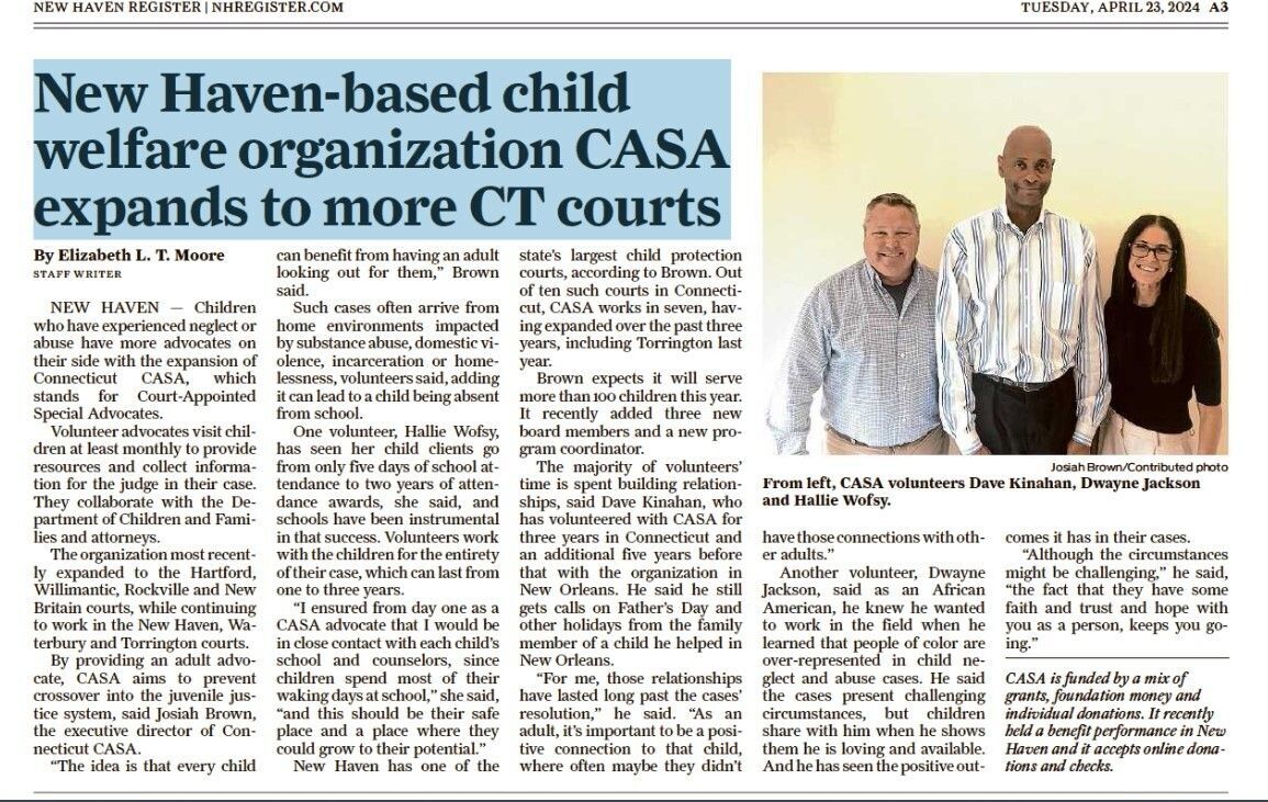 "New Haven-based child welfare organization CASA expands to more CT courts"