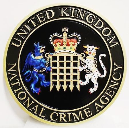 EP-1025 - Carved Plaque of the Seal / Coat-of-Arms  of the United Kingdom National Crime Agency, 2.5-D, Artist Painted with the UK  Crown,  Rampant Griffin and Leopard, as Artwork