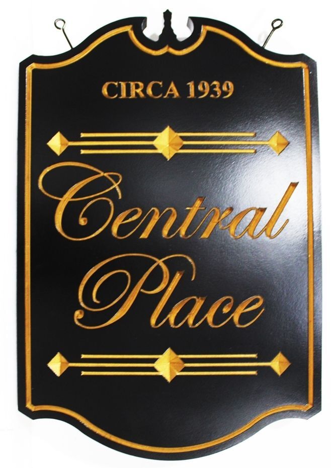 I18144 - Engraved Ornate Colonial-style  Metallic Gold and Black Hanging Sign for the "Central Place" c. 1939,