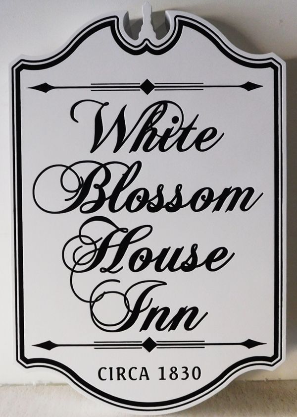 T29047 - Carved HDU Colonial-style sign made for the "White Blossom Inn"., 2.5-D Engraved V-Relief